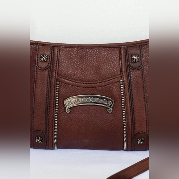 Vintage Y2K Brown Red Leather Studed Crossbody Bag Moto Boho Grunge - Picture 3 of 13